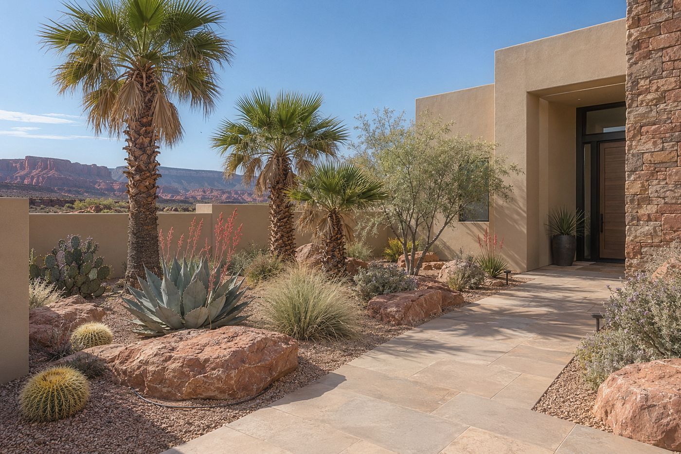 Fan palms and desert planting along a paver entry