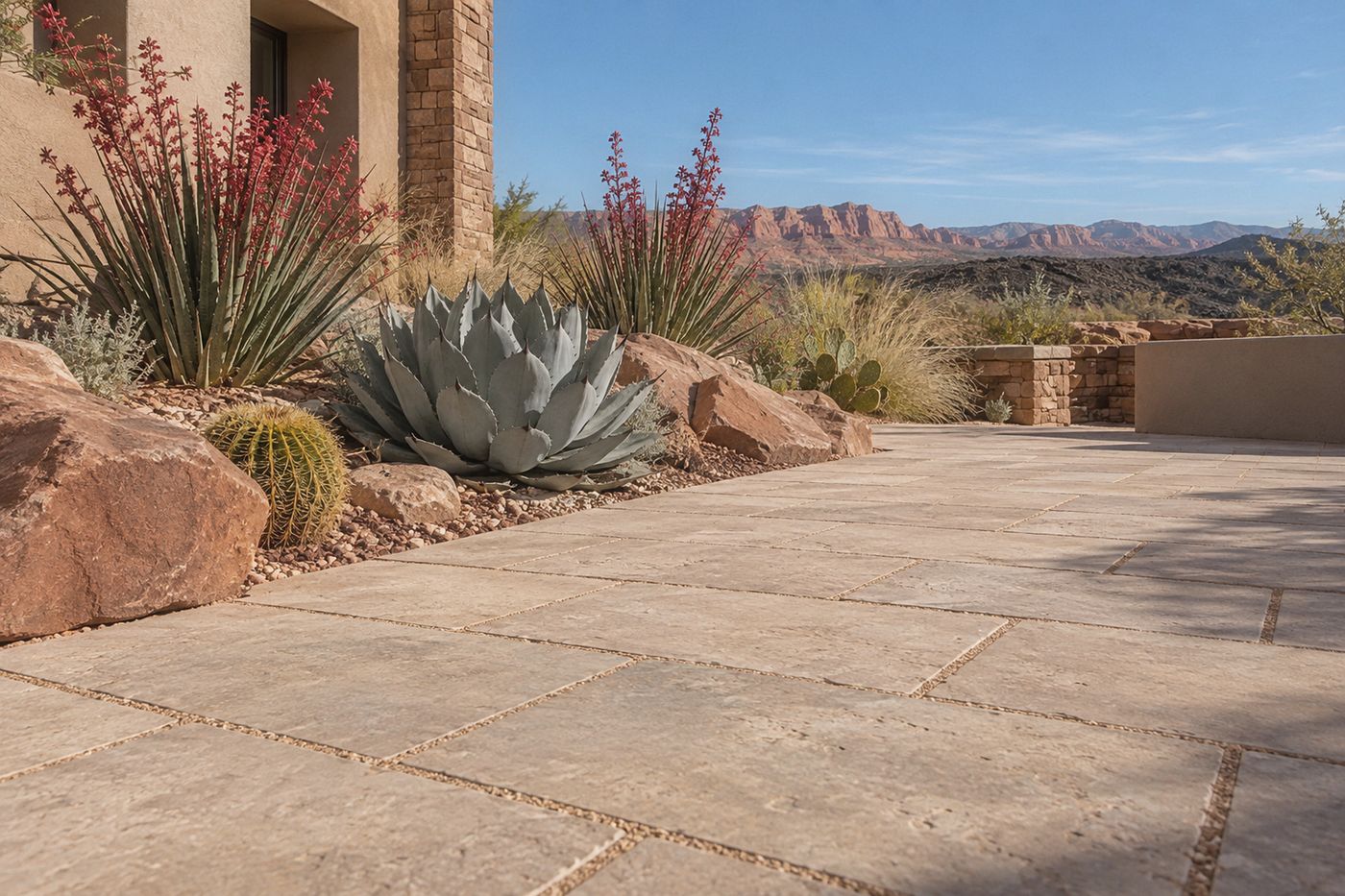 Large-format paver patio with agave and red yucca