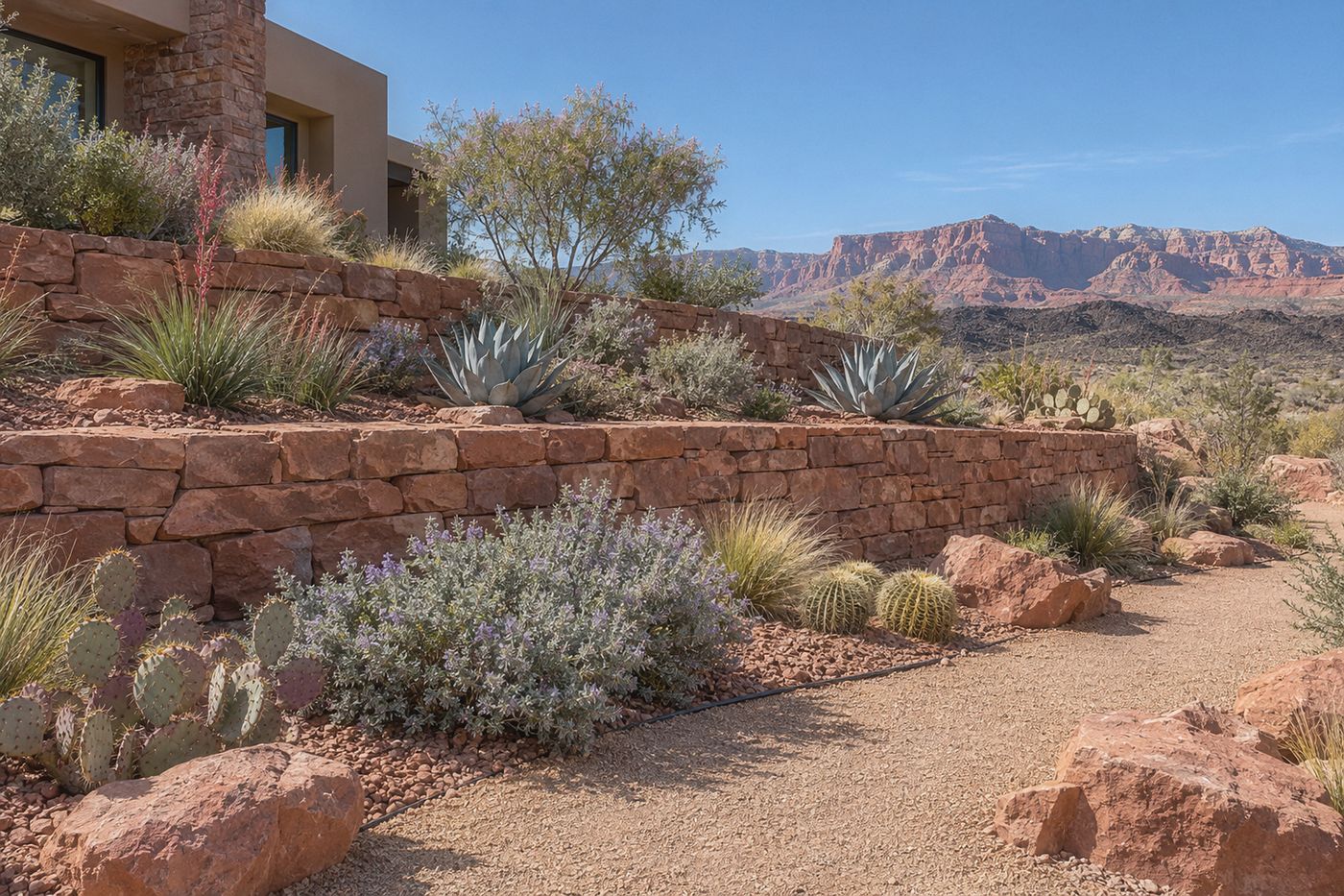 Terraced red sandstone retaining walls with drought-tolerant planting